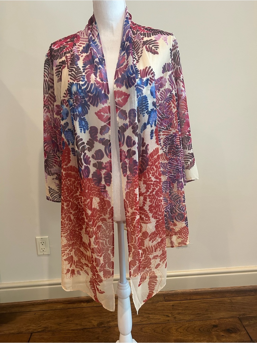 Chico's Floral Sheer Kimono Cardigan 3/4 Sleeves in Blue, Purple on Cream
